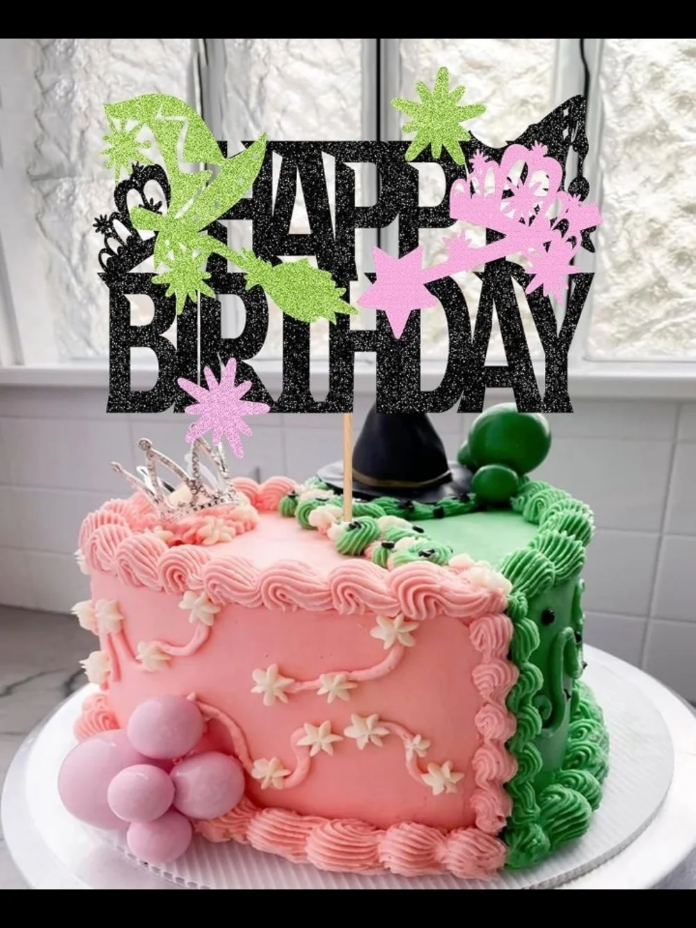 Glitter Wicked Inspired Happy Birthday Cake Topper Picks - Pink & Green